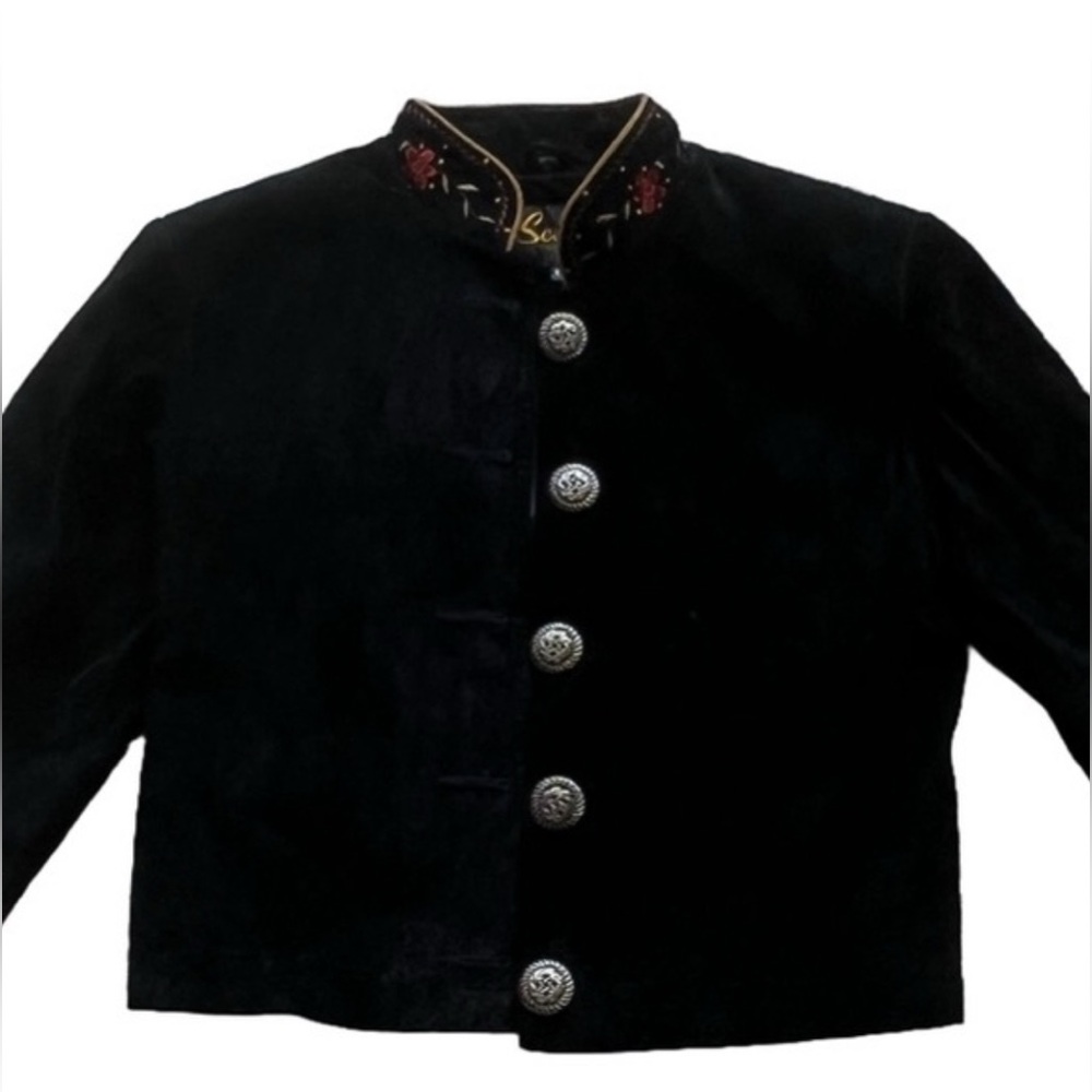 Scully Black Leather Embroidered Satin lined Blazer with Collar